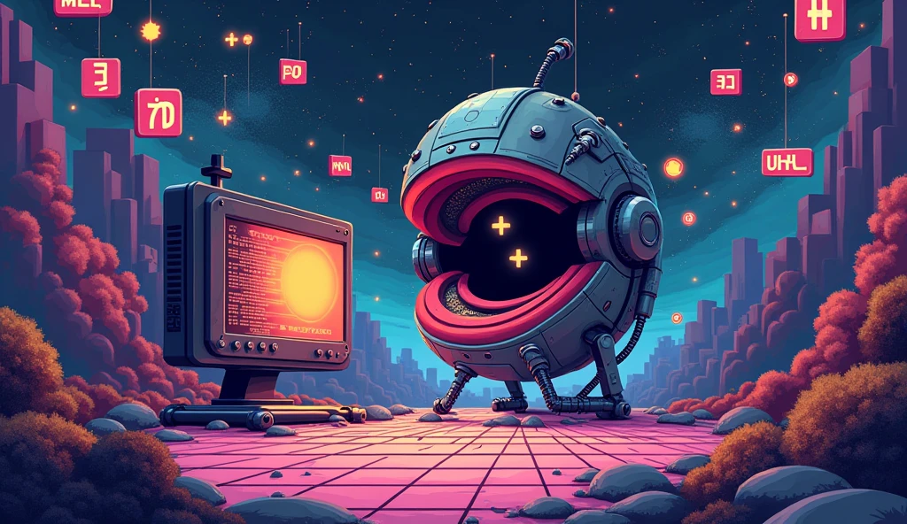 pixel background with robot, computer, ++ in pac-man’s mouth, javascript, python, html and text TiK26 with T and K capitalize