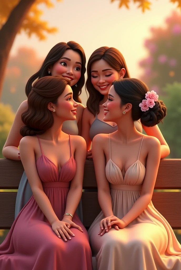 One woman sitting on a bench with another woman beside her, looking lovely and very much in love but not too much. Another two women standing behind them with a wide smile while looking at their partners full of love and have different hairstyles and the four of them are taking a photo with a lovely scenery on the background and they're all wearing elegant dresses in sims animation 