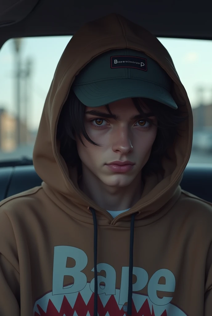 A with a low tap cap with brown eyes a bape shark brown sweater with the hood over his head a little smoke that comes out of his mouth and white skin in a car
