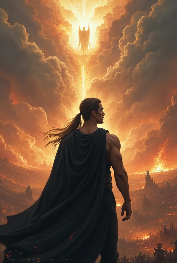 A young man with a formidable back, long hair tied in a ponytail and wearing black robes, He looks so relaxed despite the view in front of him, where you see a war of all kinds of races on earth, While the sky is cracked, angels come out, dragons and demons and there are flames all over the place 