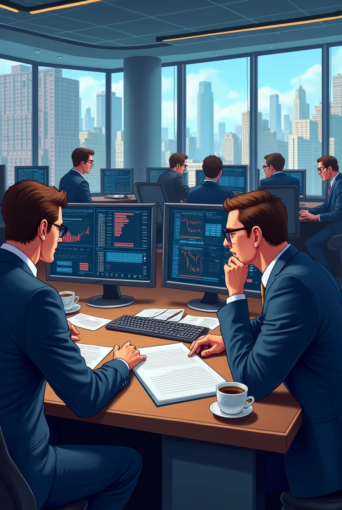 People analyzing data, business meetings, trading desks.