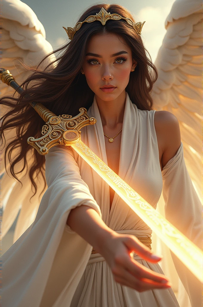 cosplay style,woman, angel flowing dark brown hair and grey eyes, glowing engraved sword in right hand, elegant white robes, detailed illustration, digital art, overdetailed art, concept art,sharp focus,(ultra beautyfull & details eyes & face), full character,full body art,extreme body,dynamic pose,[((dynamic pose with cancer,[rear view,close-up],))] character concept, long hair with a golden tiara on her head, full body sexy shot, highly saturated colors,fantasy character, detailed illustration, hd, 8k, digital art, Dan Mumford, Krzysztof Maziarz, trending on artstation ,AngelicStyle