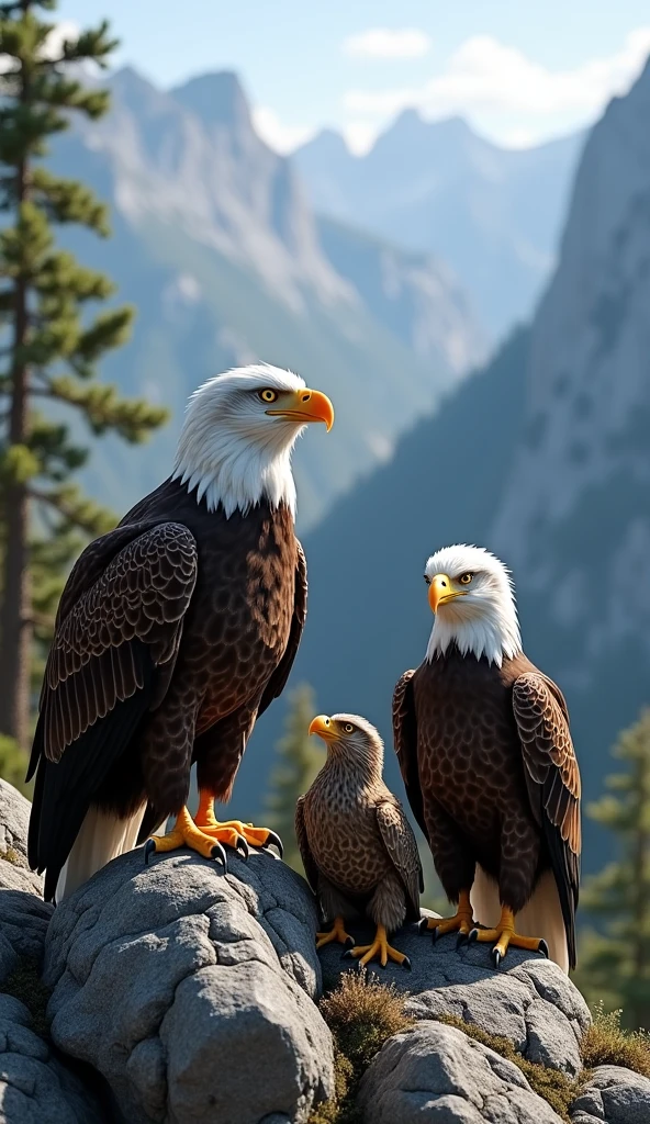 "Create a highly realistic image of a bald eagle family in their natural habitat on a rugged mountain. The scene should include a pair of adult bald eagles and their chicks. The eagles should be depicted with detailed plumage, sharp talons, and intense eyes. The background should feature a realistic mountain landscape with rocky outcrops, pine trees, and a clear sky, capturing the majesty and grandeur of the eagles in their environment."