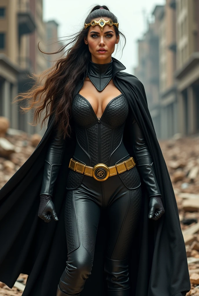 (((A beautiful woman under the cloak of Big Barda (((She has long hair tied back in a ponytail.))),(((with a diaema in golden circles joined together on his forehead))) His eyes are light blue. su traje de superheroína es de temática de samurai. His suit usually has a (((Black leather jumpsuit with scales))) and (((a black corset with a tray neck))) Wonder Woman metallic armor type))) color negro sobre su traje enterizo cinturón ancho and grueso color dorado botas and guantes color negro (((de rodillas en una ciudad Apocalandptica con mucha destrucción))),(((with a necklace with a black round pendant that has a (((s))) as an emblem on his neck))),(((yelling )))