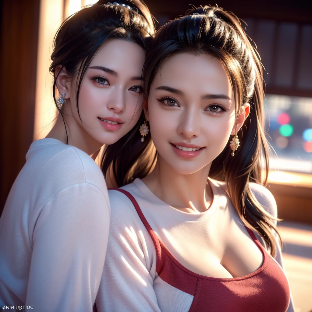 a gorgeous busty woman, ponytail, daily outfit, casual outfit, beautiful detailed smile, beautiful detailed teeth, POV, lover, cinematic dramatic lighting, (best quality,4k,8k,highres,masterpiece:1.2),ultra-detailed,(realistic,photorealistic,photo-realistic:1.37),HDR,UHD,studio lighting,ultra-fine painting,sharp focus,physically-based rendering,extreme detail description,professional,vivid colors,bokeh,portrait,photorealistic,cinematic