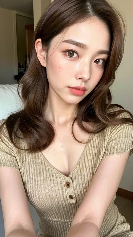 ((Highest quality, 8k, masterpiece: 1.3)), 1 female, Japanese Mature,Sensual beauty: 1.3, (Hair style Brown hair Medium wave, big: 1.2), Nightwear: 1.1, Super Slender Face, Delicate eyes, double eyelid, Dimples,Mole, Home,Plump body,very thick legs,Cowboys photographed from the air,