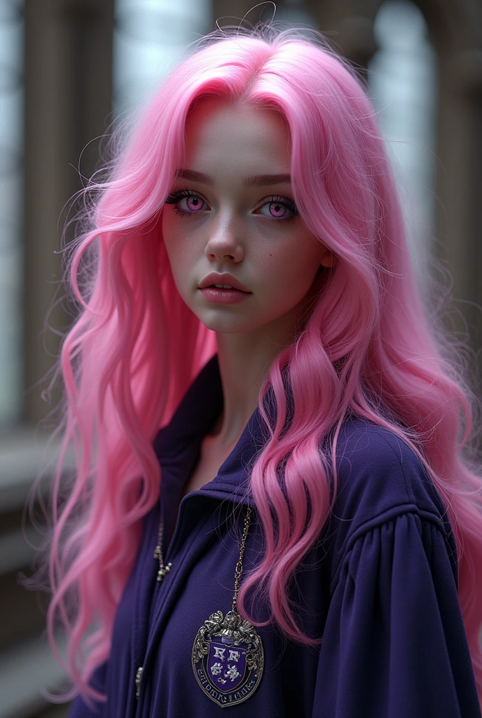 girl,long bubblegum pink hair,pink eyes, parts, full lips,big eyes long eyelashes, aspect , Ravenclaw, Hogwarts