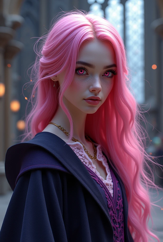 girl,long bubblegum pink hair,pink eyes, parts, full lips,big eyes long eyelashes, aspect , Ravenclaw, Hogwarts