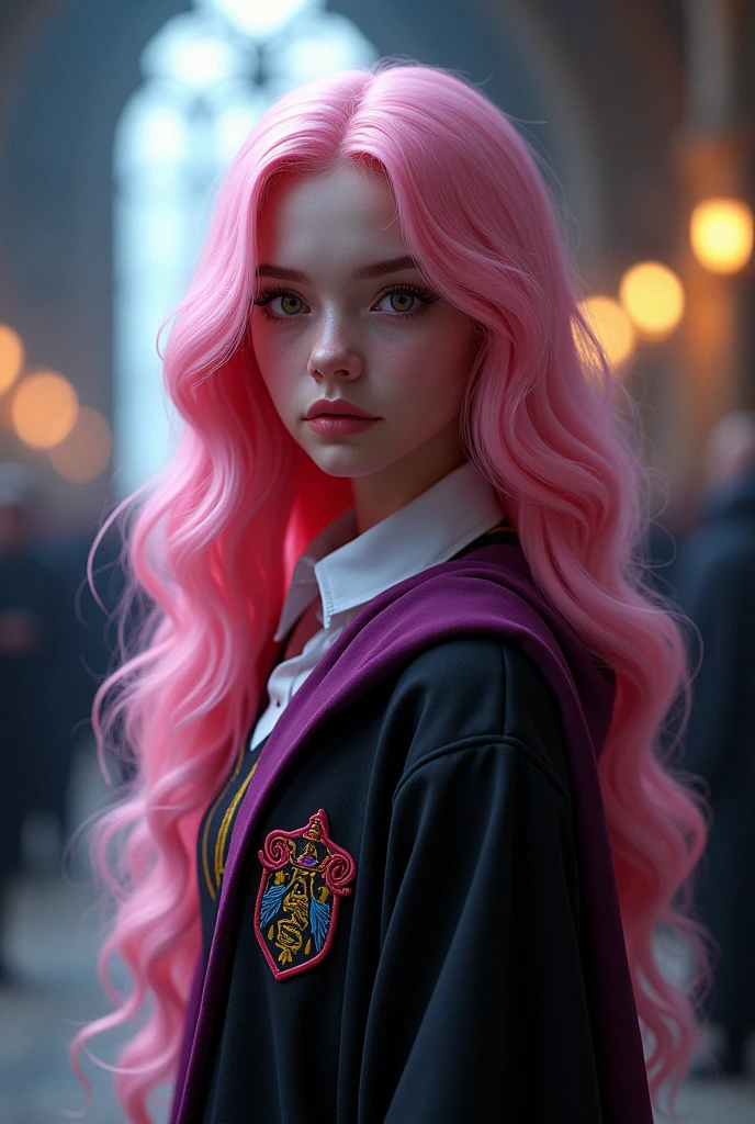  girl,long bubblegum pink hair,pink eyes, parts, full lips,big eyes long eyelashes, aspect  , Ravenclaw, Hogwarts