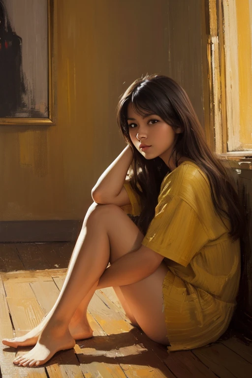 A three-dimensional oil painting on rough canvas, done with a complex technique of palette knife and wide smear patterns. Digital Painting Portrait of a Beautiful Young Woman, She is sitting on the floor, She is watching you, Room breeze, Golden glow, Dim simple background, Complex mixed media concept art 16K