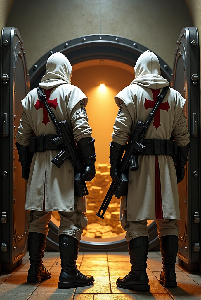 2 modern soldiers , with white bulletproof vest with a red Templar cross painting, with templar hood , military boots guarding an open bank vault with gold and scrolls