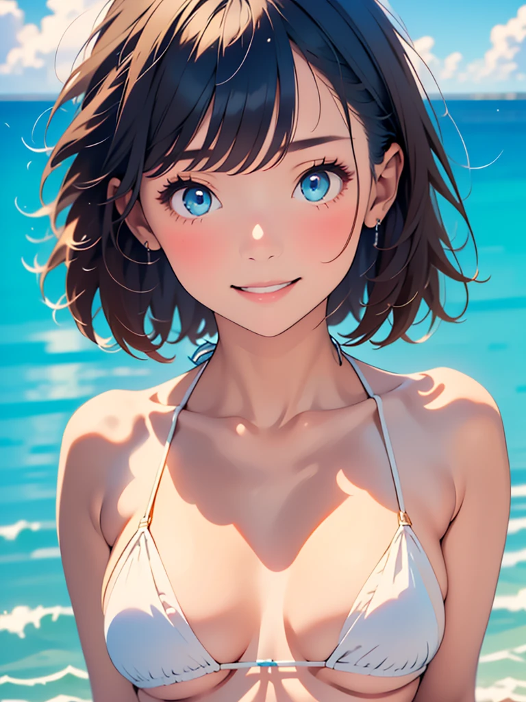 Realistic, girl, Black Hair, Light blue eyes, short hair, white micro bikini, beautiful Skin, medium Breasts, smile, slender, Ocean, Bust Shot, (masterpiece:1.0),(best_quality:1.0), ultra high res,4K,ultra-detailed, photography, 8K, HDR, highres, (perfect anatomy:1.2),(Beauty of form:1.4) Golden ratio, 