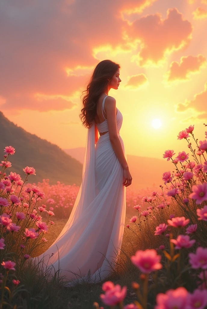 A girl between flowers with white saree sun set