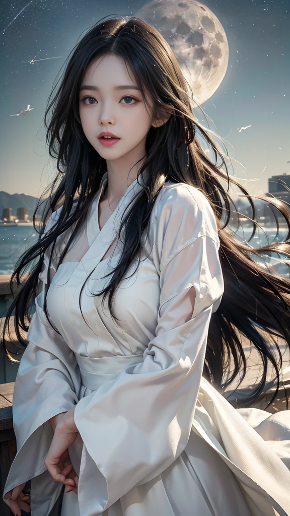 (logo、masterpiece、8k、tabletop、RAW photos、very cool、最high quality、Photorealistic and very detailed CG compoSite 8k wallpaper、high quality、very detailed、Descriptive poem、particle effects、Dynamic effects、Depth of the boundary)What is written is、Cinematic Light、lens flare、ray tracing)、fancy、(night、night하늘、starry sky、full moon)、(Girl looking up at the sky)、Sit、 cute、Japanese、(laugh)、long black hair、strong wind、(hair blowing in the wind)、(white dress)、natural light、moon、(Horizontal photo)、(Bust up shot)、(Low poSition)、(low angle)