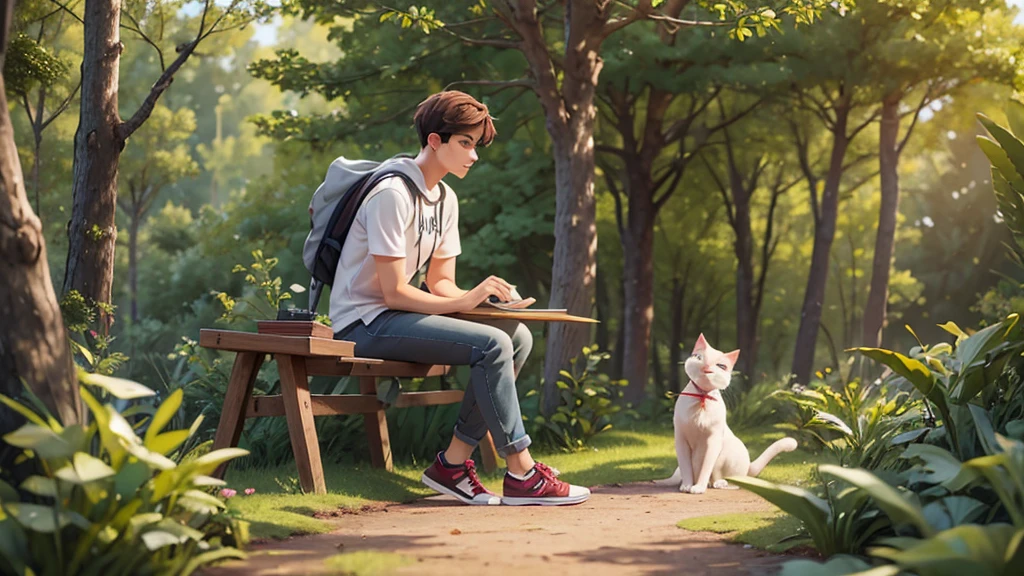 Make a picture of a handsome boy in his 20s, casual, wearing earphones, with his cat in the forest