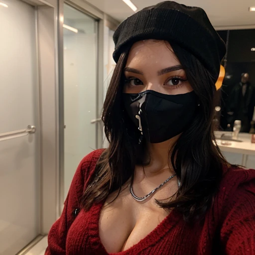 Sexy girl with long black hair taking a selfie with a black mask, a red sweater and a black cap with a black cap and silver chain