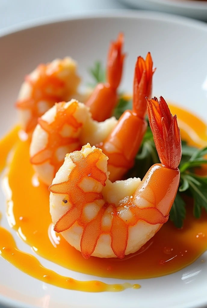 cooked shrimps with its head with mashed potato sticking in the body of the shrimp with orange sauce around it
