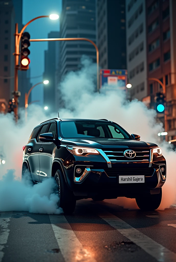 Black fortuner at street lights smoke side look and number plate name is Harshil Gajera 
