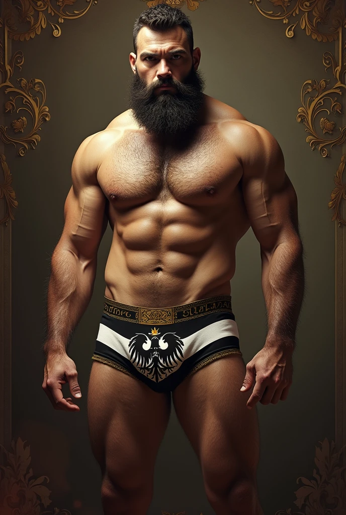 Strong, hairy, bearded mixed race man wearing underwear emblazoned with a black and white flag with a double-headed eagle and a crown, holy roman empire, prussia, Austria, austro - hungarian, of the Duchy of Lithuania, imperial russia, [ digitl art, German, Biedermeier, Napoleonic, vienna secesion style, Ottoman Empire, Germany, Royal insignia in the background, imperial military