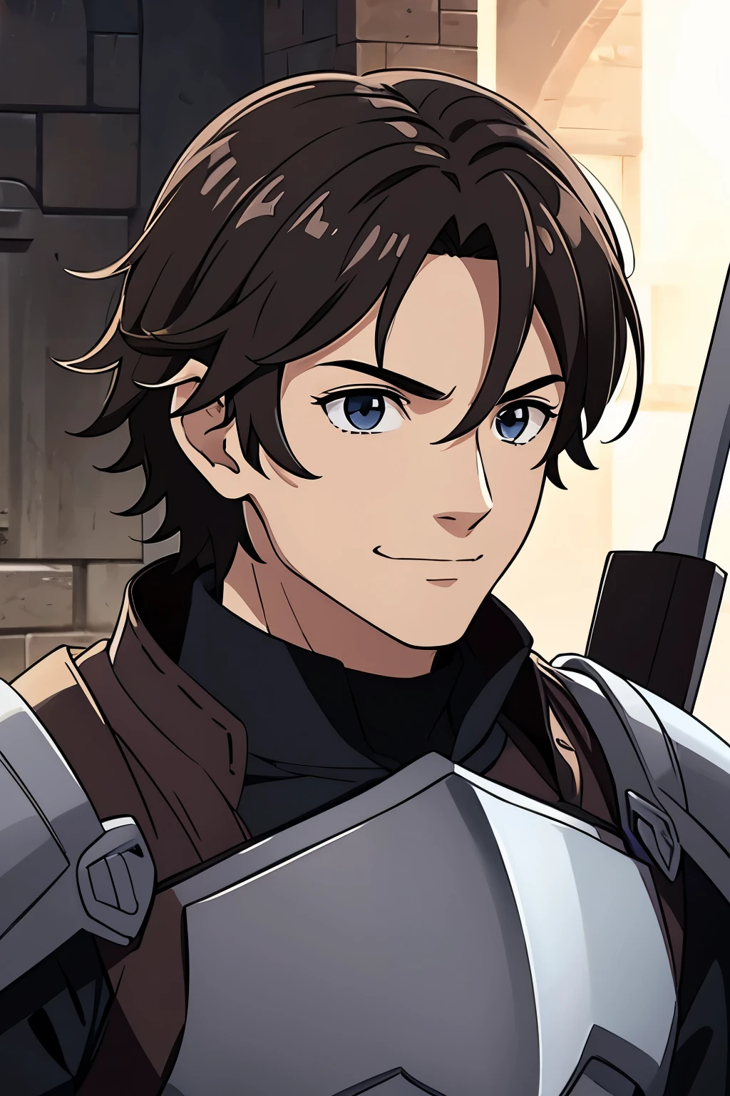 (high-quality, breathtaking),(expressive eyes, perfect face) 1male, boy, solo, portrait, Fire Emblem Awakening, Symmetrical Eyes, black background, dark Brown hair color, short hair length, messy wavy hair, upper body, dark brown eyes, detailed eyes, masculine face, positive expression, charming smiling, Fredrick (Fire Emblem: Awakening), brown and grey armor, weapon, breastplate, polearm, gauntlets, shoulder armor, pauldrons, upper body, messy shaggy hair
