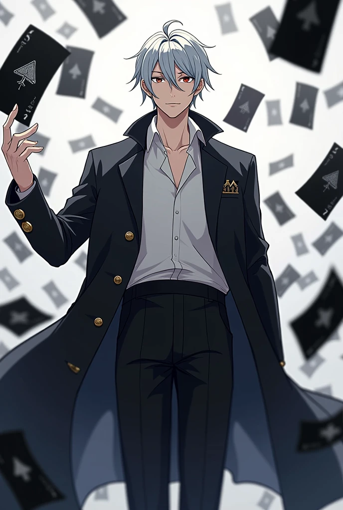create a male anime character with appearance and clothes like that of gojou satori from jujutsu kaizen uses in which his main weapon is the use of cards like tulbacaim from hellsing - the hair should not be too long, your outfit should be minimalist with no belts or collars or buttons on the overcoat - the cards should be black with silver details. Clothing should follow the pattern of the anime Jujutsu Kaizen without belts or buttons., the cards must surround him