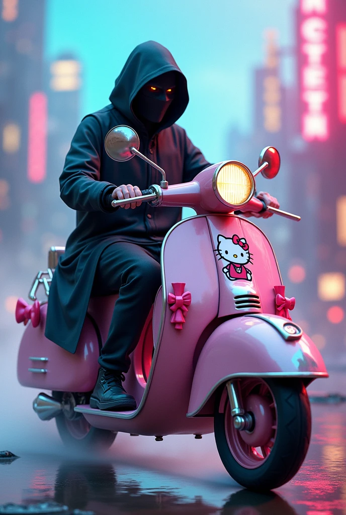 Crea una imagen de Shadow en una moto de hello kitty