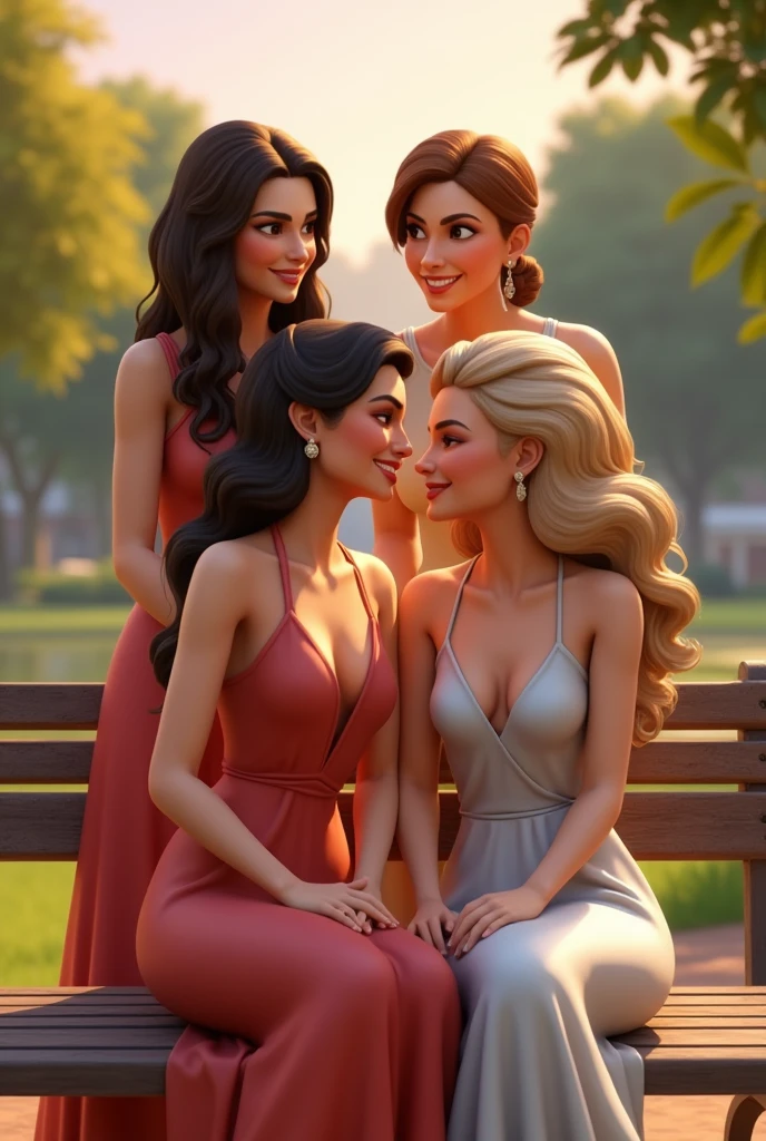 One woman sitting on a bench with another woman beside her, looking lovely and very much in love but not too much. Another two women standing behind them with a wide smile while looking at their partners full of love and have different hairstyles and the four of them are taking a photo with a lovely scenery on the background and they're all wearing elegant dresses in sims animation 