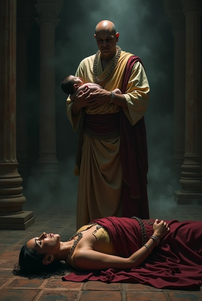 A shadowy room in an ancient palace, Chanakya with a sharp expression, standing over the lifeless body of a queen. He holds a newborn with a small drop of poison visible on his skin.