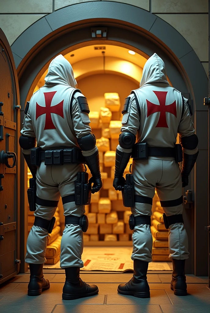 2 modern soldiers , with white bulletproof vest with a red Templar cross painting, with templar hood , military boots guarding an open bank vault with gold and scrolls