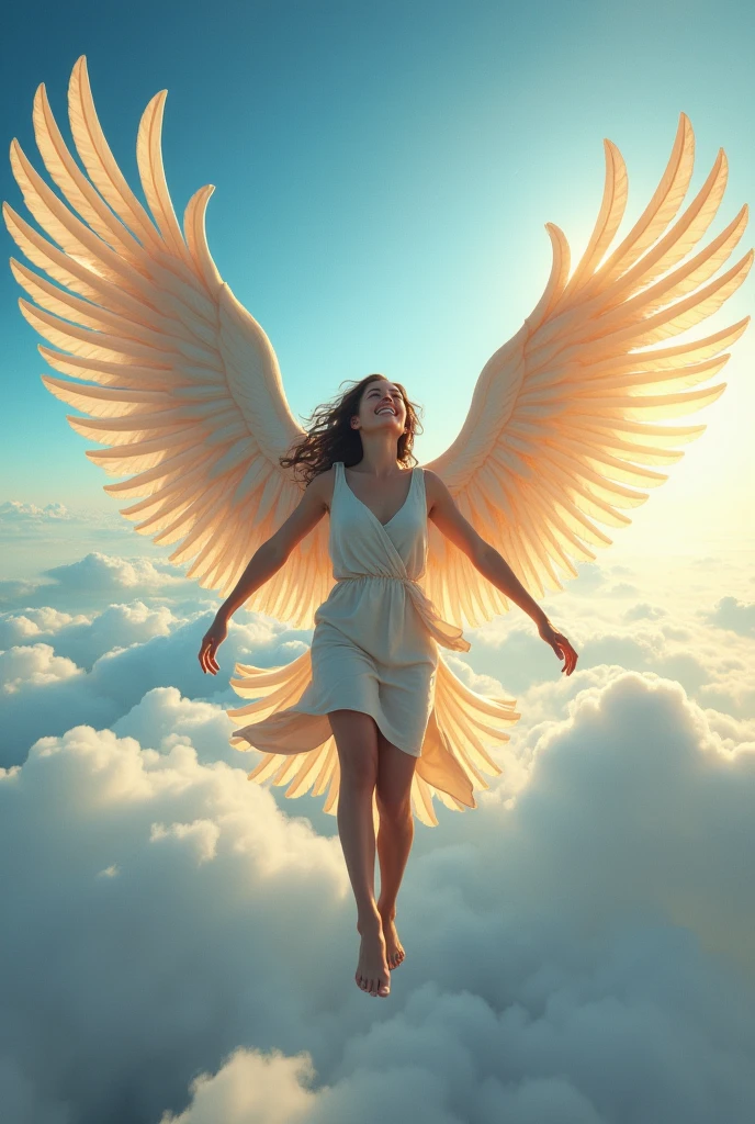 Generate an image of a human flying in the sky with large, majestic wings. The person should be soaring gracefully above the clouds, with their wings spread wide, catching the wind. The wings are feathered and resemble those of an eagle, strong and powerful, with intricate details. The sky is a vibrant blue with soft, fluffy clouds below, and the sun shines brightly, casting a warm, golden light. The person wears flowing, casual clothing that complements the movement of their wings, and their expression is one of joy and freedom, capturing the exhilarating sensation of flight.