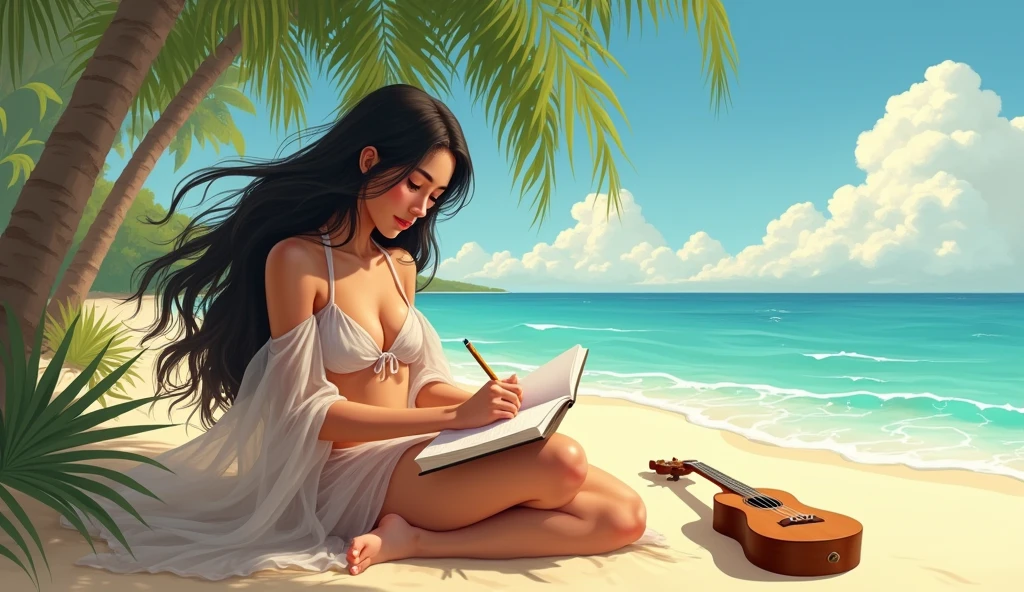 Create an image of a 2 Filipina woman, 5'4" tall, sitting alone on the beach, writing a song in a notebook. She has long, thick hair flowing in the breeze, a pointy nose, a round chin, and a V-shaped face. She is wearing a bikini with a sheer, transparent dress over it. The setting is a tropical beach during a beautiful day, with soft golden sand, gentle waves in the background, and palm trees swaying. A ukulele is placed in the background on the sand near her, enhancing the tranquil and solitary beach atmosphere as she focuses on writing her song.