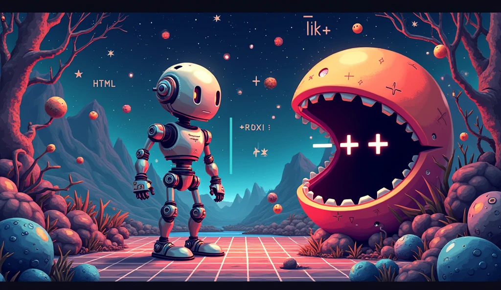 pixel background with robot, computer, ++ in pac-man’s mouth, javascript, python, html and text TiK26 with T and K capitalize