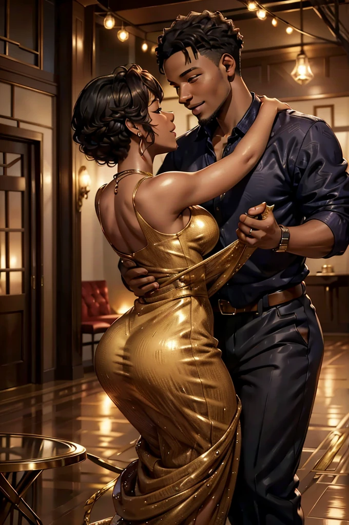 A beautifully radiant African American couple, moving gracefully amidst the rural setting, their laughter filling the air as they dance under the warm glow of hanging lights. Clad in stylish western wear, their passion and love for each other evident in every step. The scene captures a moment of pure joy and romance, exuding a sense of intimacy and happiness. This vividly detailed photograph perfectly portrays the couple's connection and the atmosphere of the romantic country dance.