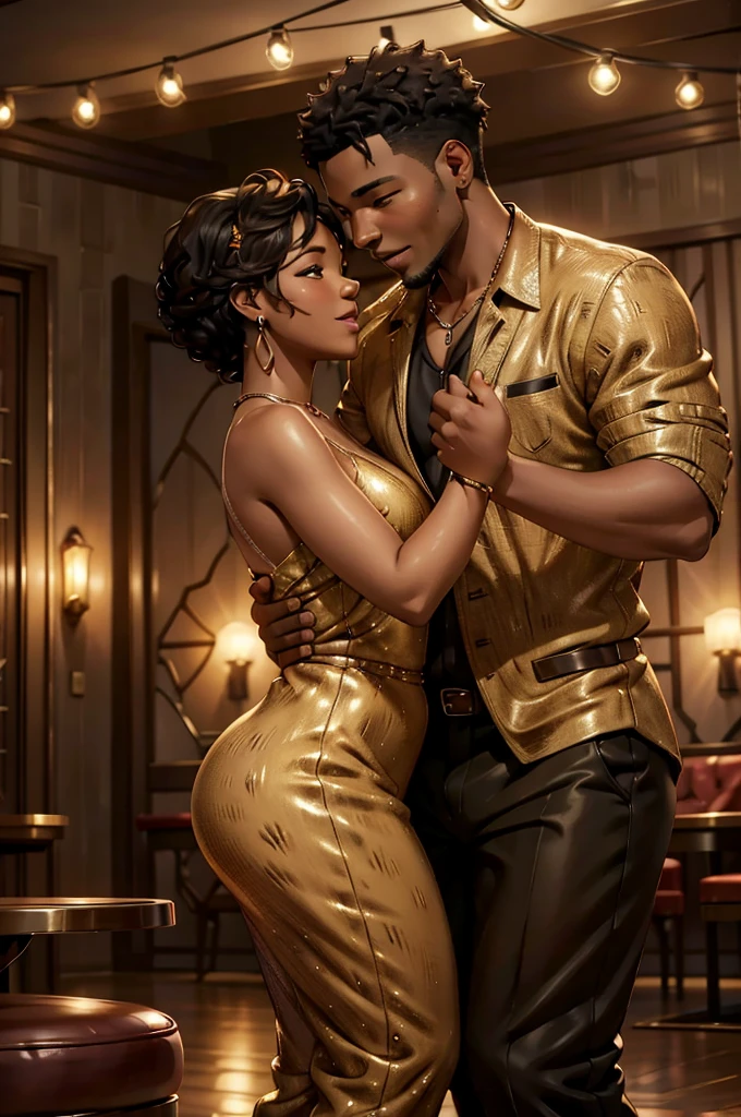 A beautifully radiant African American couple, moving gracefully amidst the rural setting, their laughter filling the air as they dance under the warm glow of hanging lights. Clad in stylish western wear, their passion and love for each other evident in every step. The scene captures a moment of pure joy and romance, exuding a sense of intimacy and happiness. This vividly detailed photograph perfectly portrays the couple's connection and the atmosphere of the romantic country dance.