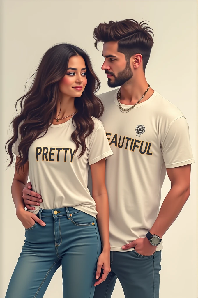 create a couple , with shirt,the woman with the name of pretty on the shirt, man with the name beautiful on the shirt, Logo