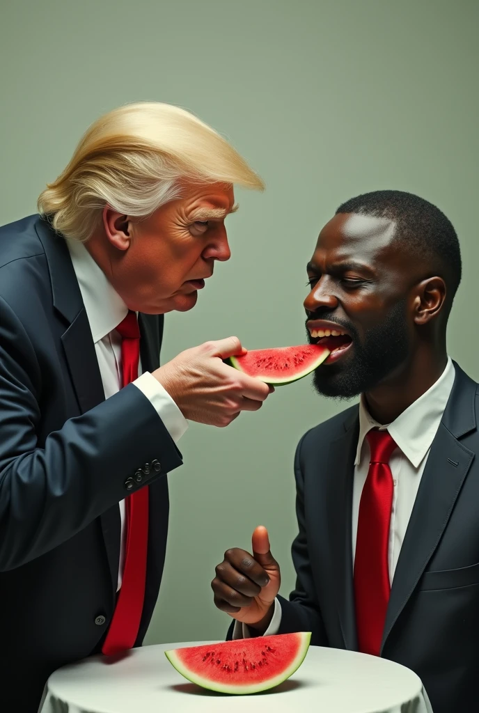 Donald trump giving a slice of watermelon to a very black guy with big red lips