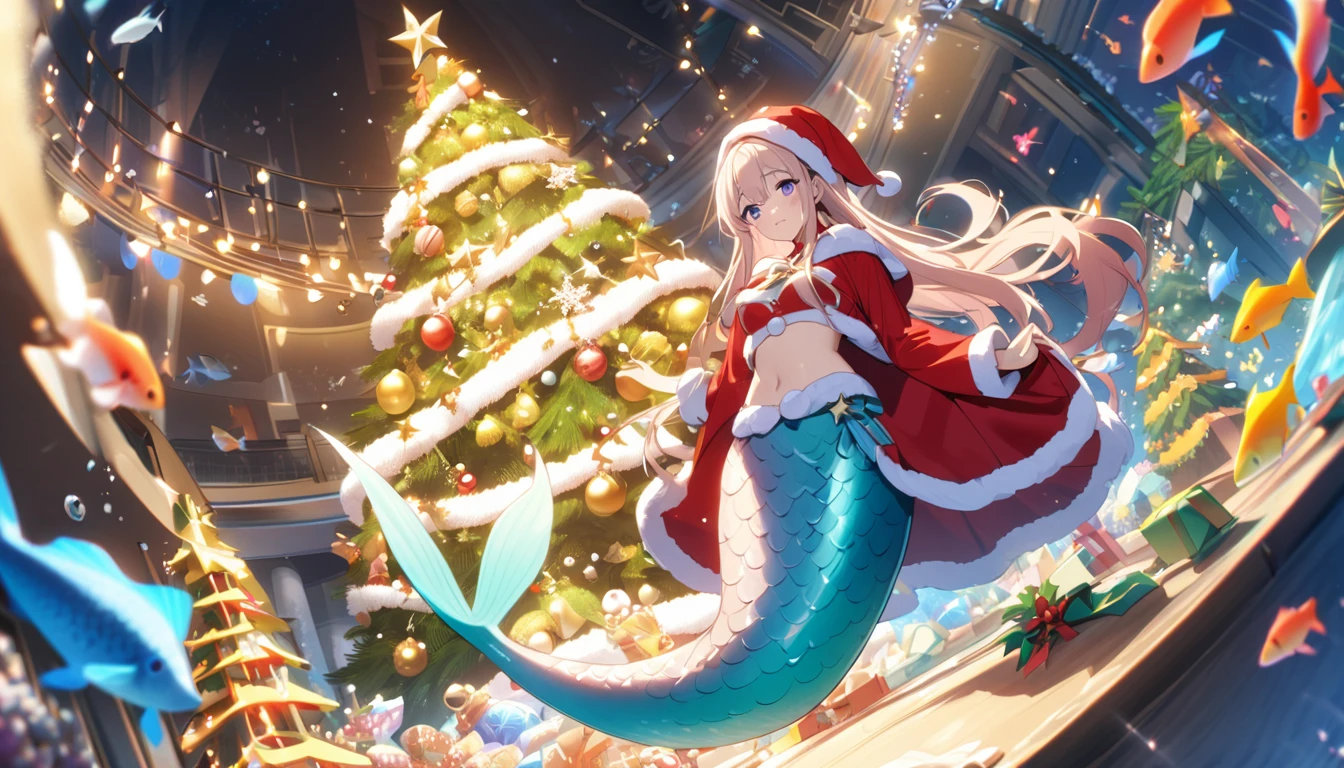 seabed、Big Christmas tree、Colorful tropical fish swimming、white coral reef、Bright colors、Masterpiece、anime、Cute atmosphere、Mermaid wearing a Santa hat、
