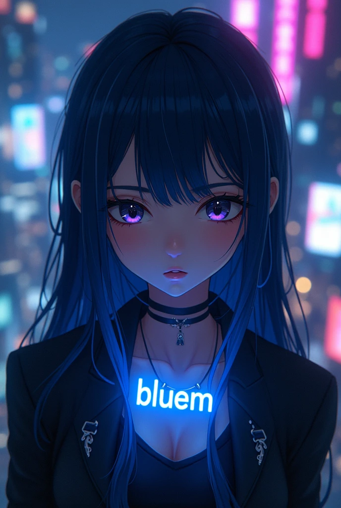 Generate an image of Aerial photography, Fluorescent light, Night view, Aerial photography, Fashion photography, Dreamy effect. with a necklace "BLUEM".In the style of mafia look girl, long navy blue hair make the necklace big and readable make it 3d realistic anime girl