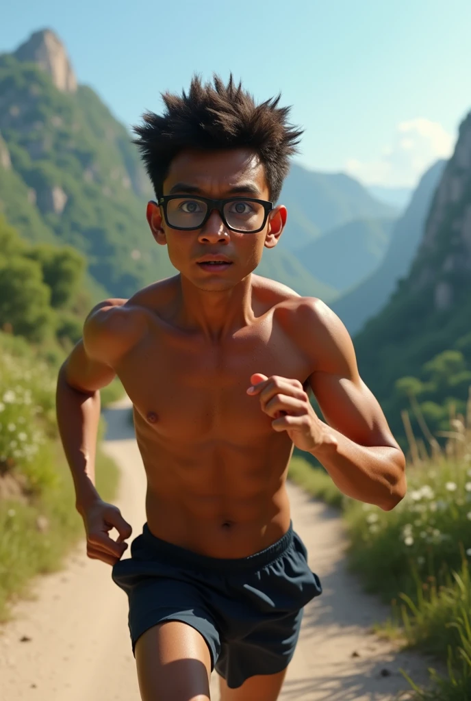 You have a person running on a road shirtless with glasses sweating pushing himself to the limit you have Orta but at another angle