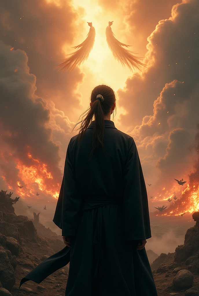 A young man with his back turned, with long hair tied in a ponytail and wearing black robes, He looks so relaxed despite the view in front of him, where you see a war of all kinds of races on earth, As the sky is torn open, angels descend, dragons and demons and there are flames all over the place
