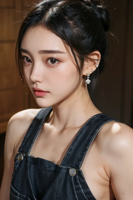 (2 pure Japanese girl,), (Small breasts:1.5,),(Mole on left side of neck:1.5),(solo,,Textured skin, Detailed skin,Detailed face,Detailed eyes,detailed posing,Natural eyebrows,Sparkling Eyes,High detail, Highest quality, Super detailed, Surrealism, ,8k,RAW Photos,Photographicism,Professional Lighting,Ray Tracing,Portrait Photography,Natural Light),(((Black Hair, Natural Makeup,Simple earrings, Low bun hairstyle,Overalls,)))