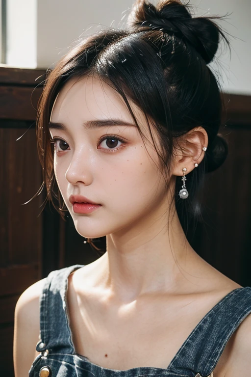 (2 pure Japanese girl,), (Small breasts:1.5,),(Mole on left side of neck:1.5),(solo,,Textured skin, Detailed skin,Detailed face,Detailed eyes,detailed posing,Natural eyebrows,Sparkling Eyes,High detail, Highest quality, Super detailed, Surrealism, ,8k,RAW Photos,Photographicism,Professional Lighting,Ray Tracing,Portrait Photography,Natural Light),(((Black Hair, Natural Makeup,Simple earrings, Low bun hairstyle,Overalls,)))