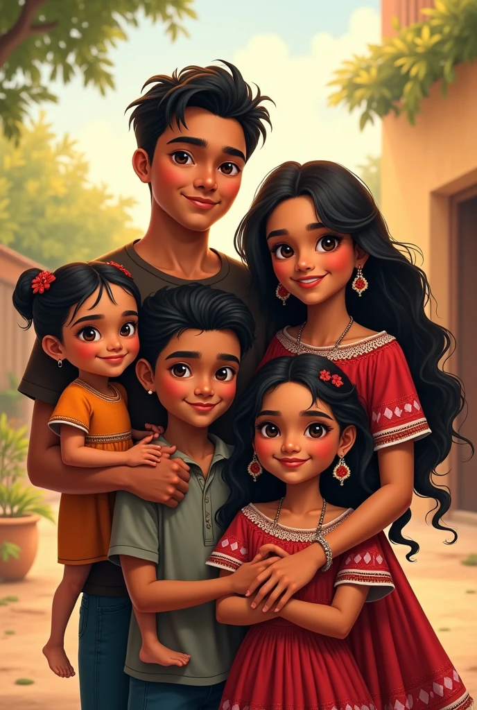 A dark-skinned family from a Mexican village poses for a photograph on a sunny day. The father, straight brown hair, stands out for his good physical shape. Her dark skin stands out under the light, and his brown eyes shine with a kind and protective look. He is dressed in a white shirt and jeans., projecting an image of strength and simplicity. at your side está la madre, a woman with straight black hair that falls gently over her shoulders. Her dark skin and face reflect serenity and warmth.. She wears a colorful blouse that matches a long skirt, highlighting its traditional and elegant style. His dark eyes look directly into the camera, full of love and joy. In front of them are their two daughters. The biggest, with straight brown hair, has a playful glint in his brown eyes. She wears a floral dress and patent leather shoes., showing an expression of curiosity and innocence. at your side, the youngest daughter, with black hair like her mother&#39;s, He wears a mischievous smile. She is wearing a white t-shirt and a denim skirt., Her dark, bright eyes reflect the energy and vitality of youth.. The boy brother has thick black hair that contrasts with his dark skin.. He wears a plaid shirt and simple trousers.. His expression is jovial, and his wide smile shows the closeness and unity of the family.