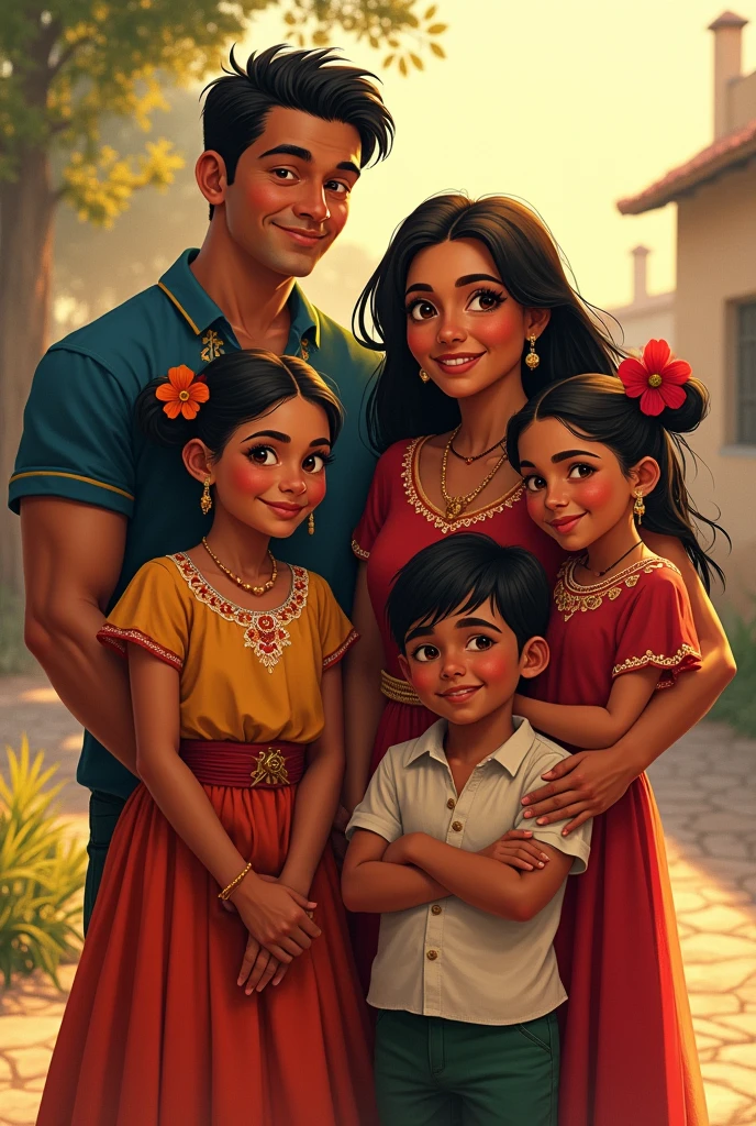 A dark-skinned family from a Mexican village poses for a photograph on a sunny day. The father, straight brown hair, stands out for his good physical shape. Her dark skin stands out under the light, and his brown eyes shine with a kind and protective look. He is dressed in a white shirt and jeans., projecting an image of strength and simplicity. at your side está la madre, a woman with straight black hair that falls gently over her shoulders. Her dark skin and face reflect serenity and warmth.. She wears a colorful blouse that matches a long skirt, highlighting its traditional and elegant style. His dark eyes look directly into the camera, full of love and joy. In front of them are their two daughters. The biggest, with straight brown hair, has a playful glint in his brown eyes. She wears a floral dress and patent leather shoes., showing an expression of curiosity and innocence. at your side, the youngest daughter, with black hair like her mother's, He wears a mischievous smile. She is wearing a white t-shirt and a denim skirt., Her dark, bright eyes reflect the energy and vitality of youth.. The boy brother has thick black hair that contrasts with his dark skin.. He wears a plaid shirt and simple trousers.. His expression is jovial, and his wide smile shows the closeness and unity of the family.