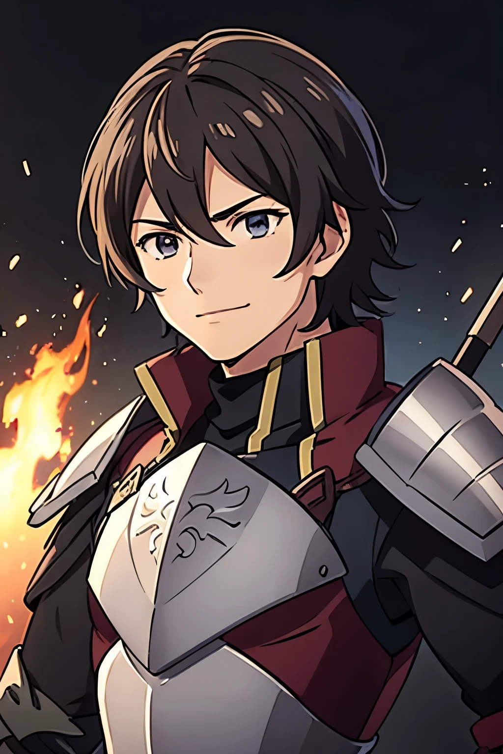 (high-quality, breathtaking),(expressive eyes, perfect face) 1male, boy, solo, portrait, Fire Emblem Awakening, Symmetrical Eyes, black background, dark Brown hair color, short hair length, messy wavy hair, upper body, dark brown eyes, detailed eyes, masculine face, positive expression, charming smiling, Fredrick (Fire Emblem: Awakening), brown and grey armor, weapon, breastplate, polearm, gauntlets, shoulder armor, pauldrons, upper body, messy shaggy hair
