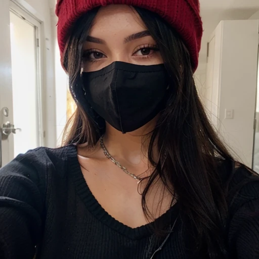 Sexy girl with long black hair taking a selfie with a black mask, a red sweater and a black cap with a black cap and silver chain