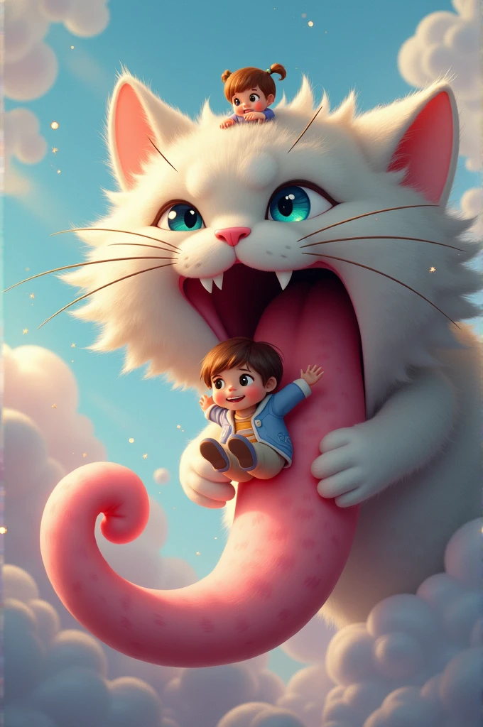 A cat giving a kid a ride on the top of his tongue
