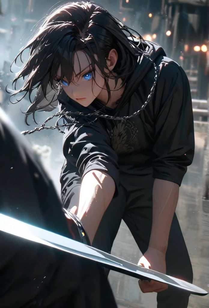 1 male, teacher, wearing black shirt, rolled up sleeves, black long pants, black hair, messy long hair, face to detail, detailed eyes, bright blue eyes, hood, the background is space in china. In a fighting position. Silver chains everywhere. Holding a sword standing. attractive, eye reflection, depth of field, thunder aura, cinematic lighting, ray tracing, depth of field, cinematic lighting, ray tracing, UHD, high details, best quality, highres, high quality, award winning, super detail, masterpiece, 8k, UHD, high details, best quality, highres, high quality, award winning, super detail, masterpiece, 8k, digital art, anime coloring, full body, body shot, good face, perfect face, detailed face, good eyes, in a fighting position, holding a sword.