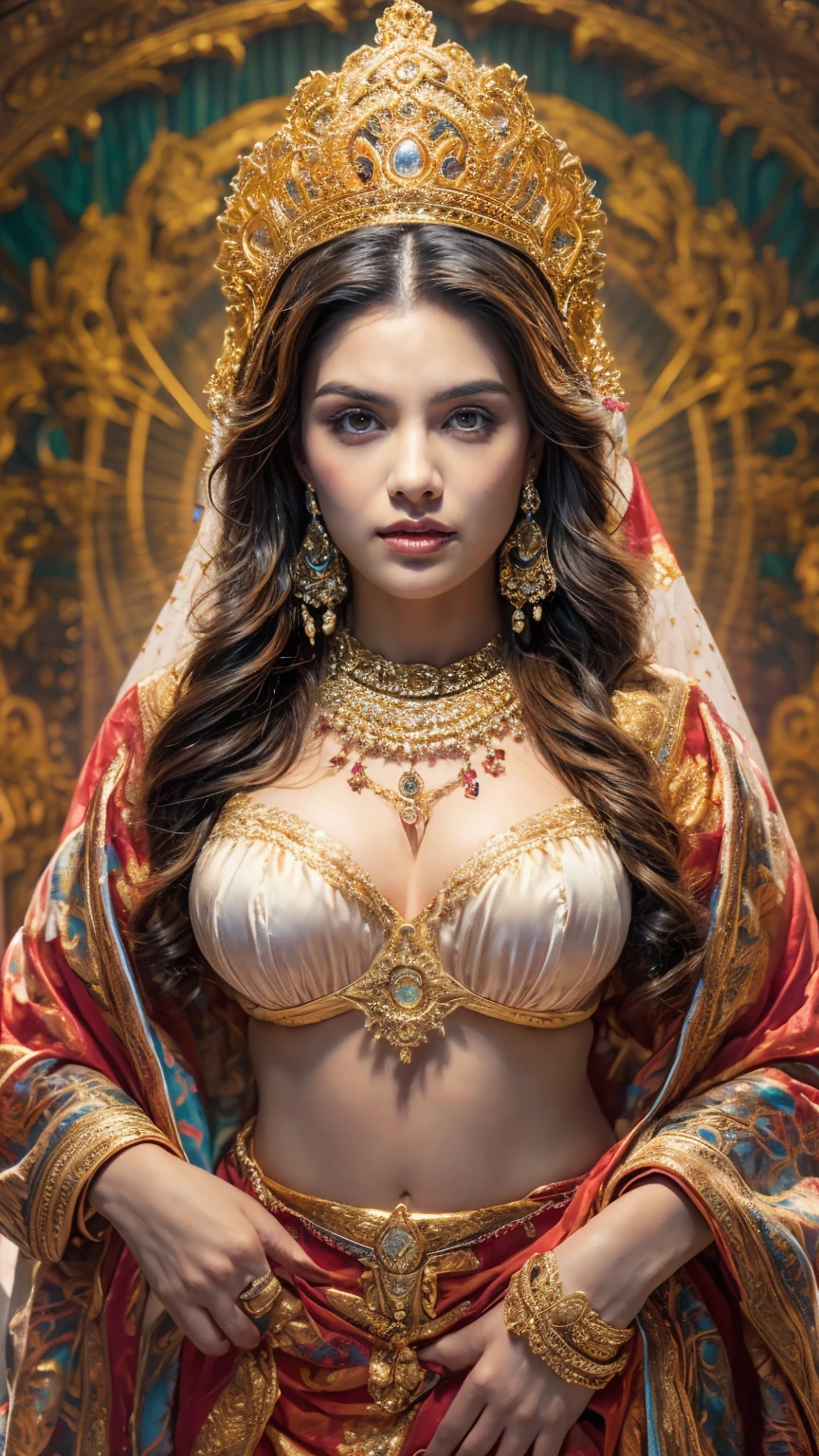 ((Best quality, 8k, Masterpiece :1.3)), Sharp focus :1.2, Generate a realistic image of a beautiful sexy Indian woman plus size body: 8.5 (masterpiece like a princess) (body like divine girl) dressed divine clothes white skirt and print bra+ belt, adorned with traditional ornaments, standing in a well-lit room with cinematic lighting. ((Front view, random elegant pose)), and there is a sense of grace and elegance in her posture. The background should complement the scene, enhancing the overall aesthetic appeal of the image. Photography by Brandon Woelfel, Full shot: Canon EF 16-35mm f/2.8L III USM lens on a Canon EOS 9D Mark IV camera 128bit, ultra realistic, 32k, HD