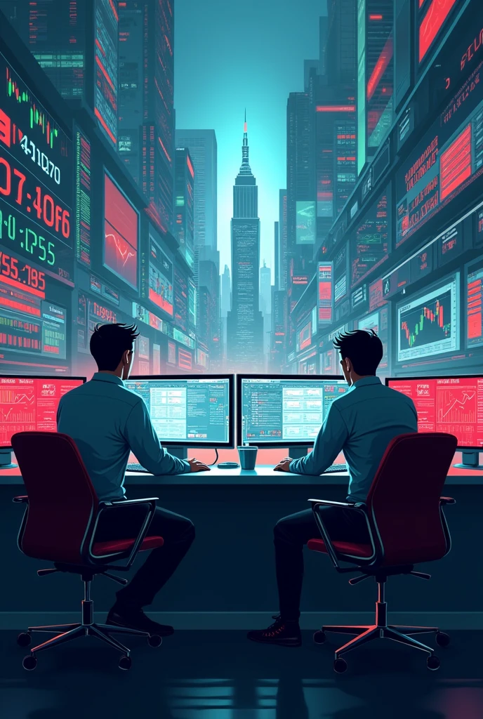 Create an image of a dynamic stock market scene with fluctuating graphs on digital screens. Include candlestick charts, stock tickers with green and red arrows, and a city skyline in the background. The mood should be energetic, capturing the fast-paced nature of trading.